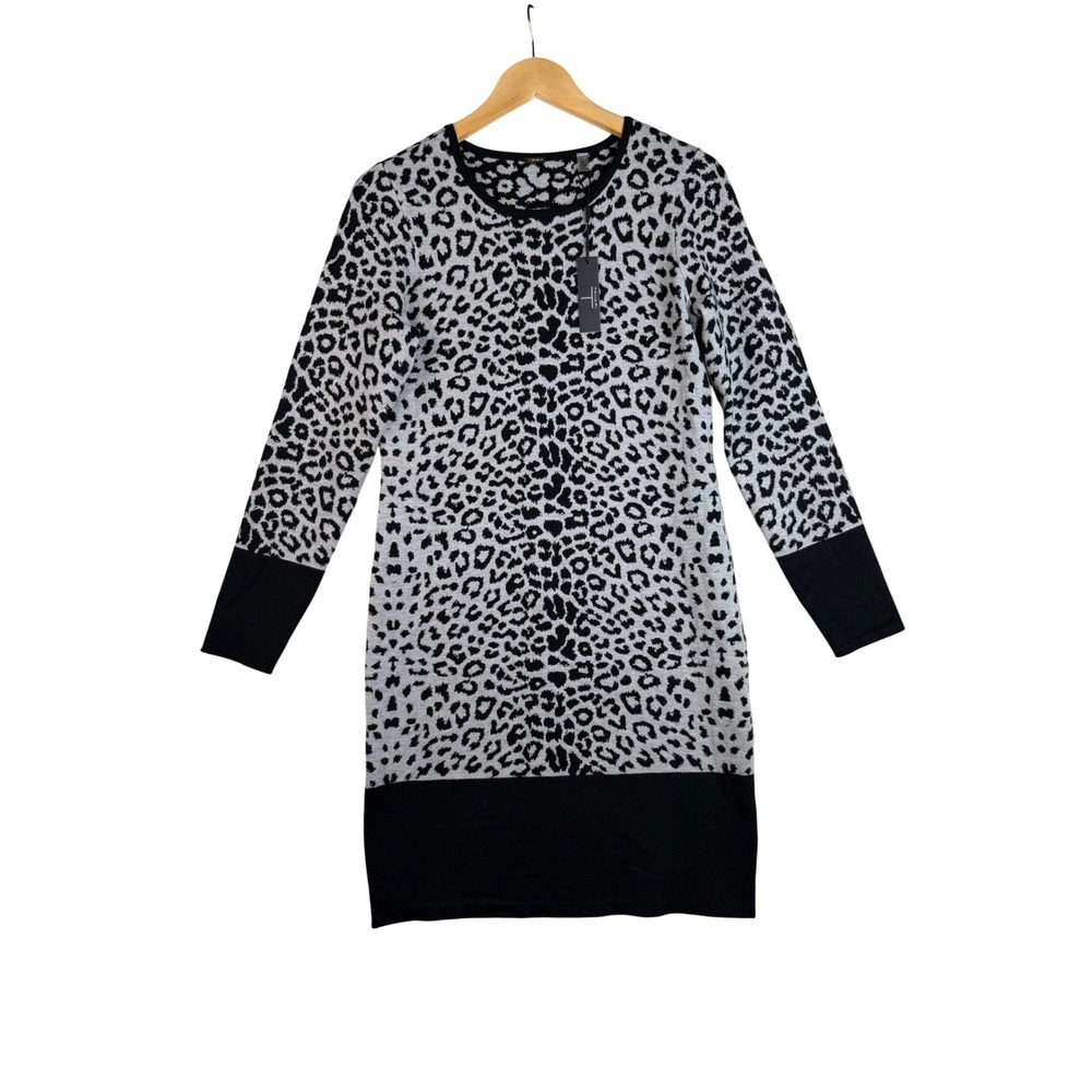 New T Tahari Knit Long Sleeve Animal Print Sweater Dress size Medium Gray/Black